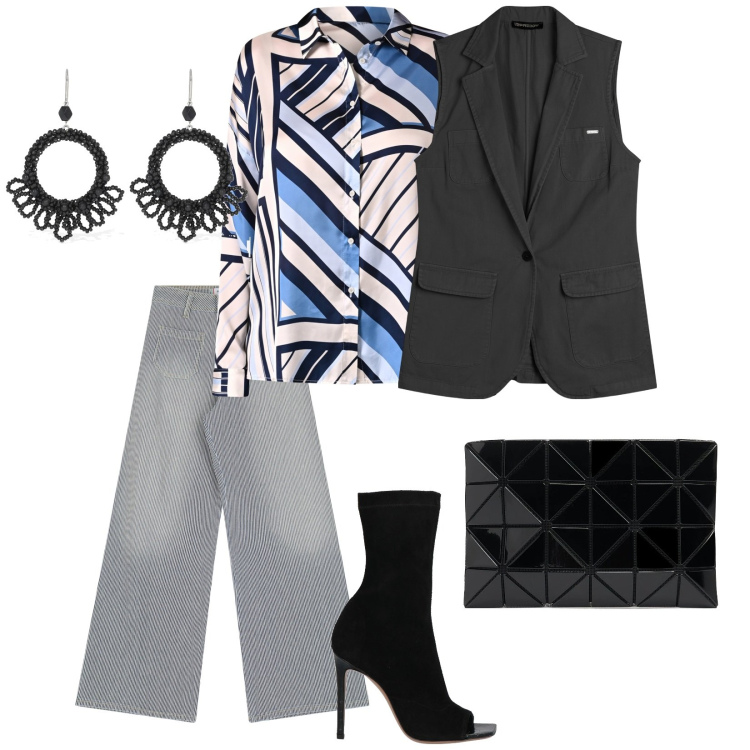 Outfit donna - Al compleanno di marco. per Serata fuori. Abbinamento con stivaletti, camicie, jeans a zampa, gilet, orecchini, pochette.