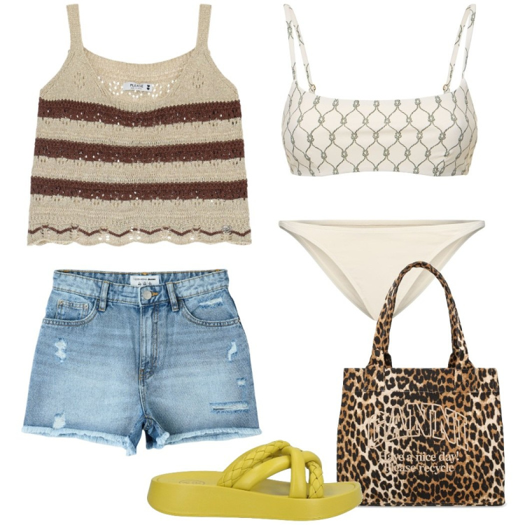 Outfit donna - A bordo piscina. Stile Etnico per Mare. Abbinamento con sandali in pelle, shorts, top, shopping bag, bikini, bikini.