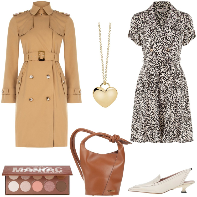 Outfit donna - Elegante di giorno. Stile Casual chic per Tutti i giorni. Abbinamento con décolleté, borse a secchiello, ombretti, collane, trench, vestiti corti.