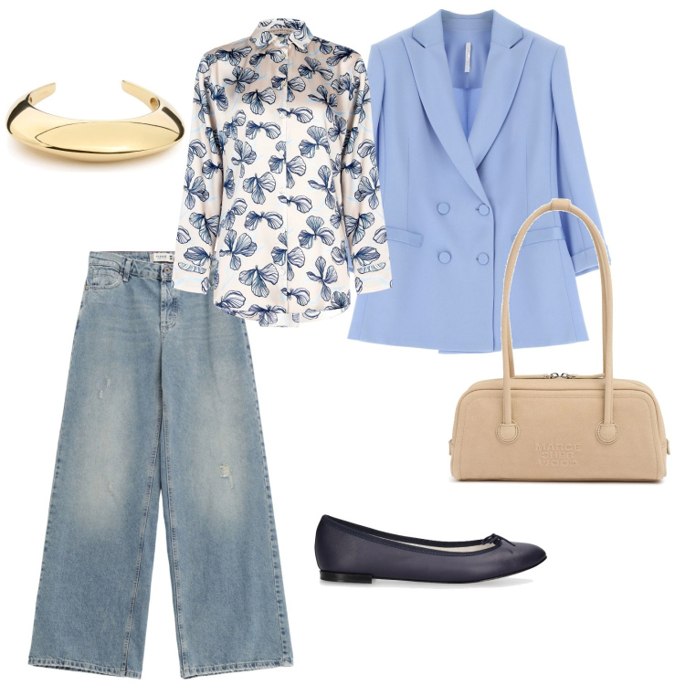 Outfit donna - A lavoro. per Ufficio. Abbinamento con camicie, jeans, blazer, ballerine, borse a spalla, braccialetti.