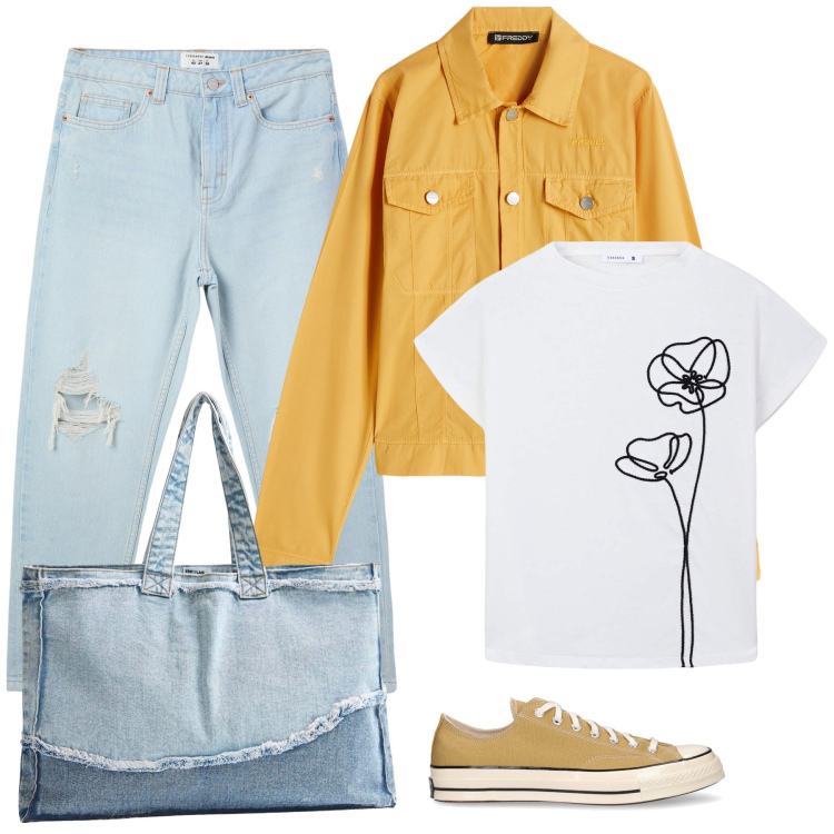 Outfit donna - Tulipano. Stile Casual per Tutti i giorni. Abbinamento con jeans mom, t-shirt, shopping bag, blazer, sneakers.
