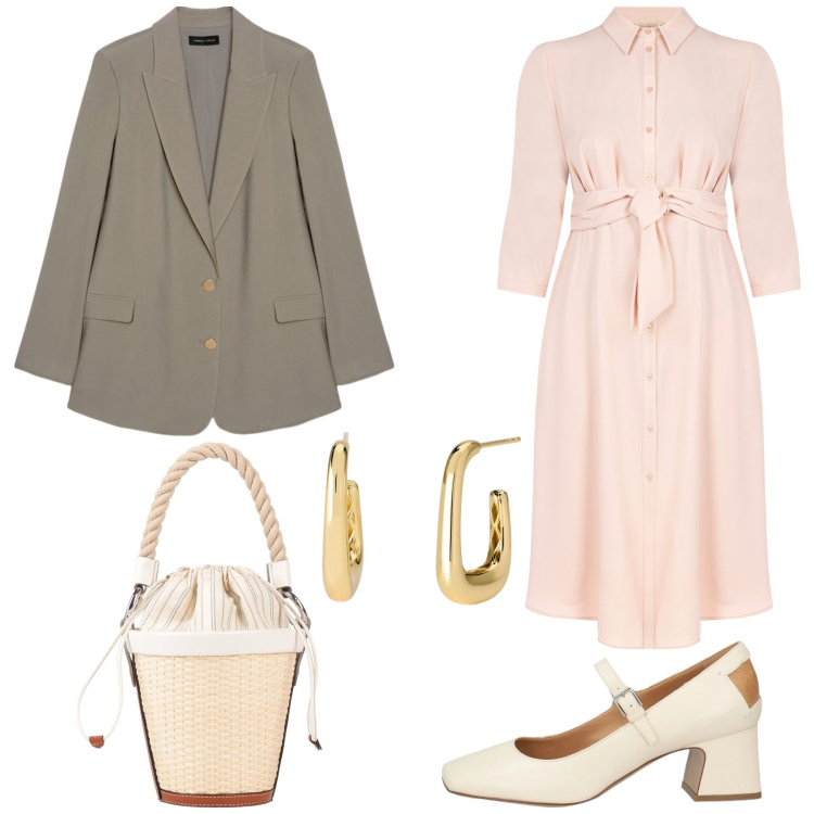Outfit donna - Blazer e abitino. Stile Casual chic per Tutti i giorni. Abbinamento con décolleté, borse a secchiello, orecchini, vestiti lunghi, blazer.