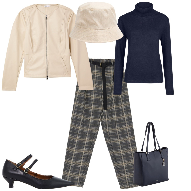 Outfit donna - Total look #2093415. Stile Sporty chic per Ufficio. Abbinamento con blazer, cappelli, décolleté, pantaloni, maglieria, shopping bag.
