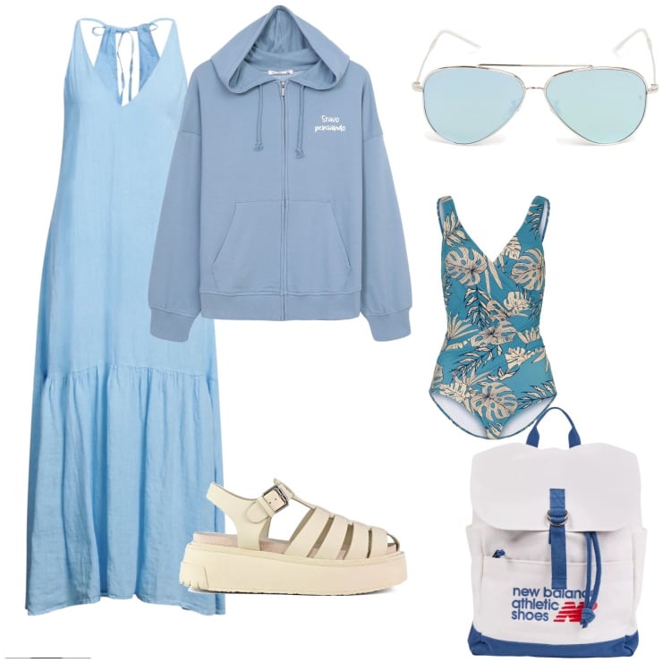 Outfit donna - Si va al mare. per Mare. Abbinamento con vestiti lunghi, costumi interi, felpe con cappuccio, zaini, sandali, occhiali da sole.
