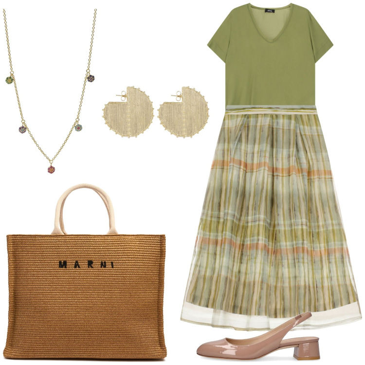 Outfit donna - Di verde vestita. Stile Vintage retrò per Tutti i giorni. Abbinamento con ciondoli, t-shirt, gonne lunghe, shopping bag, orecchini, décolleté.