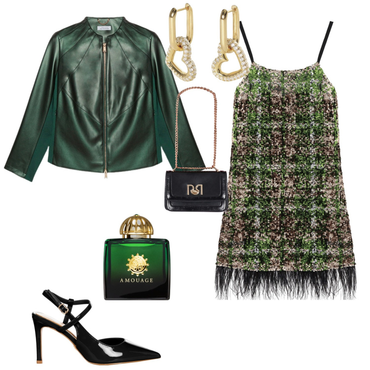 Outfit donna - Serata evento glamour. Stile Glamour per Serata fuori. Abbinamento con profumi, orecchini, borse a tracolla, décolleté, vestiti, blazer.