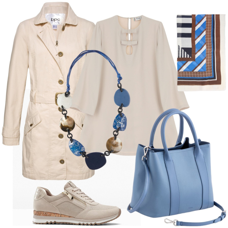 Outfit donna - Sabbia e azzurro. Stile Casual per Tutti i giorni. Abbinamento con sneakers, trench, vestiti corti, foulard, collane, borse a mano.