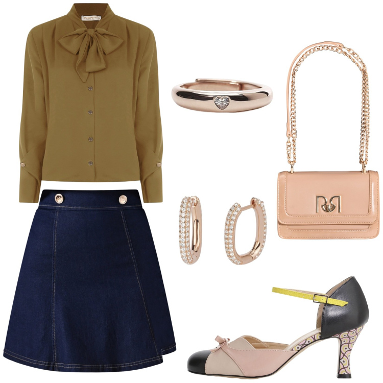 Outfit donna - Gonna di jeans. Stile Casual chic per Tutti i giorni. Abbinamento con décolleté, orecchini, anelli, bluse, minigonne, borse a tracolla.