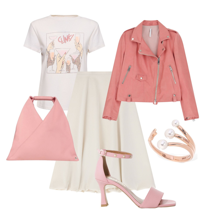 Outfit donna - Gonna a palloncino e biker. Stile Casual chic per Tutti i giorni. Abbinamento con borse a mano, gonne longuette, giacche, sandali col tacco, anelli, t-shirt.