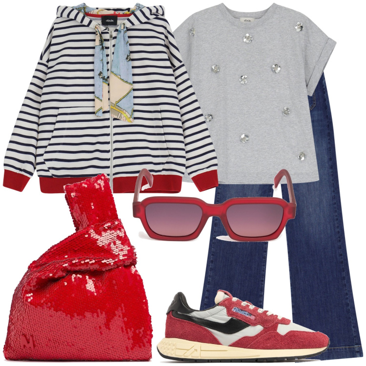 Outfit donna - Borsa paillettes rossa. Stile Casual chic per Tutti i giorni. Abbinamento con jeans a zampa, t-shirt, felpe con cappuccio, sneakers, pochette, occhiali da sole.