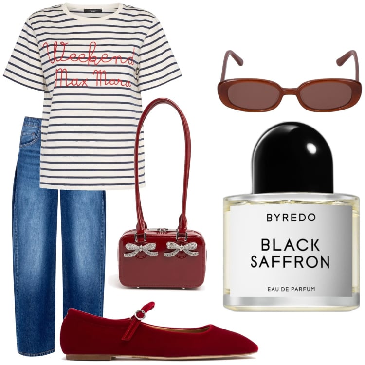 Outfit donna - Parisien vibes. Stile Casual chic per Ufficio. Abbinamento con profumi, jeans, occhiali da sole, ballerine, borse a spalla, t-shirt.