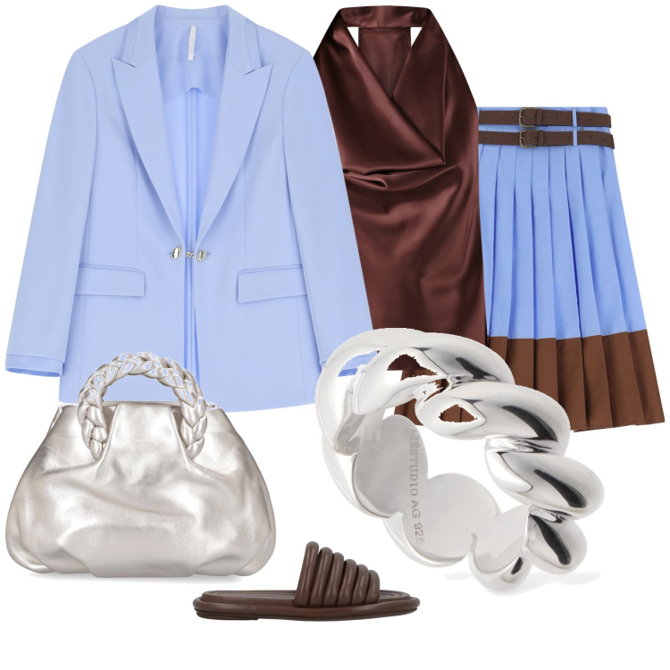 Outfit donna - Azzurro. Stile Casual chic per Tutti i giorni. Abbinamento con sandali in pelle, top, blazer, gonne, borse a mano, anelli.