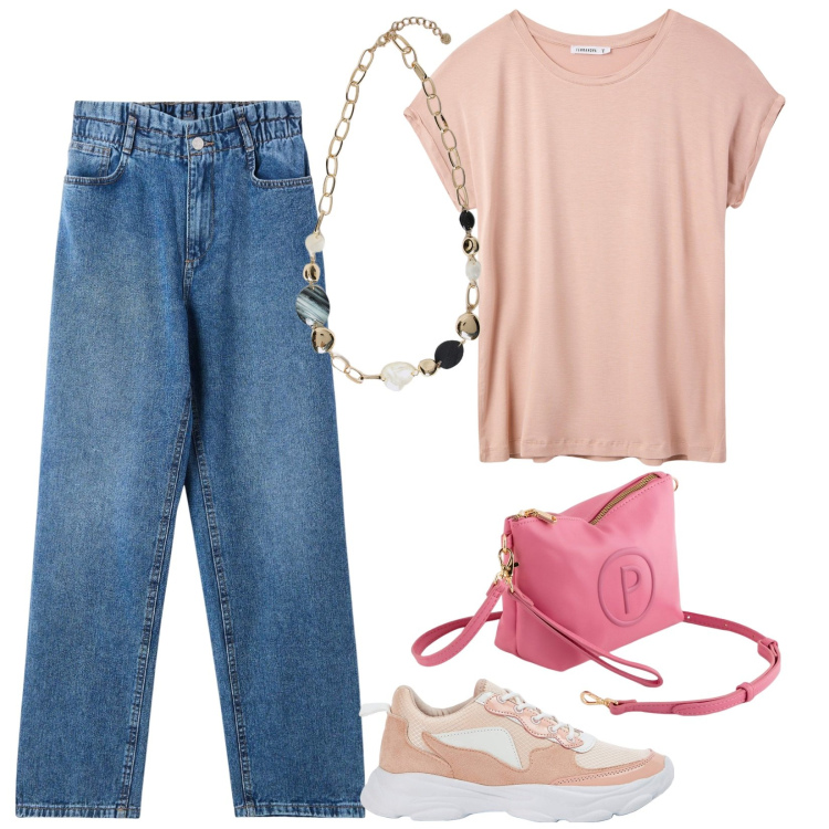 Outfit donna - Declinazioni in rosa. Stile Basic per Tutti i giorni. Abbinamento con t-shirt, jeans, sneakers, collane, valigie.