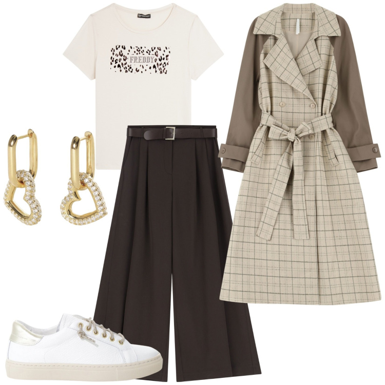 Outfit donna - Il trench comodo. per Tutti i giorni. Abbinamento con orecchini, pantaloni a palazzo, trench, sneakers, t-shirt.