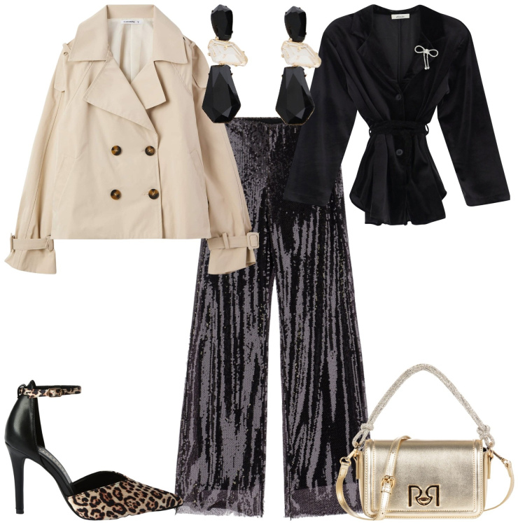 Outfit donna - Serata evento glamour. Stile Glamour per Serata fuori. Abbinamento con décolleté, trench, borse a mano, orecchini, pantaloni a palazzo, camicie.