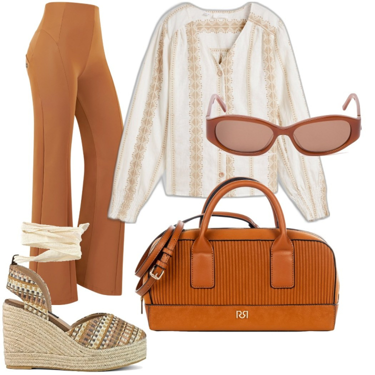 Outfit donna - Gita di primavera. Stile Casual chic per Tutti i giorni. Abbinamento con camicie, borse a mano, pantaloni, zeppe, occhiali da sole.