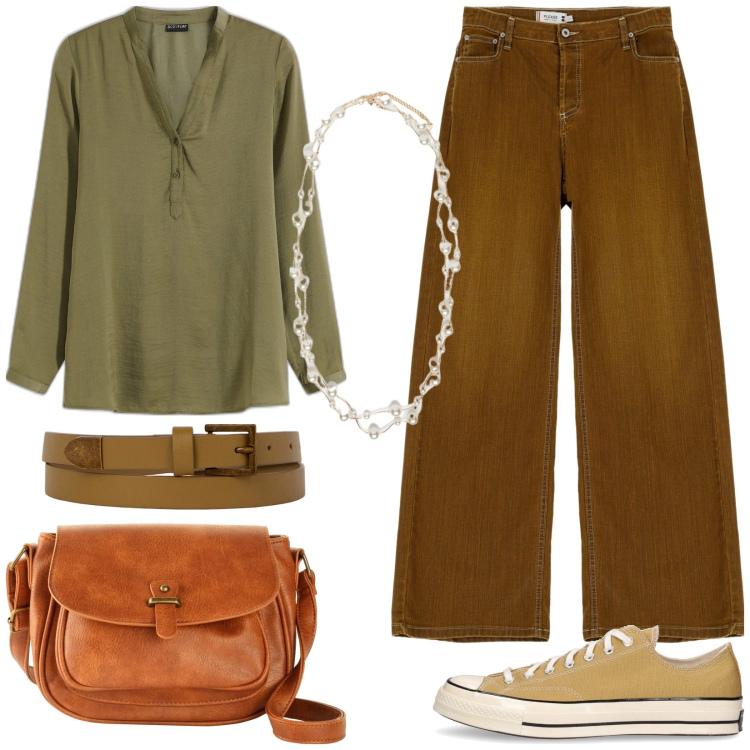 Outfit donna - Colori della terra. Stile Casual per Tutti i giorni. Abbinamento con borse a tracolla, bluse, pantaloni, cinture, sneakers, collane.