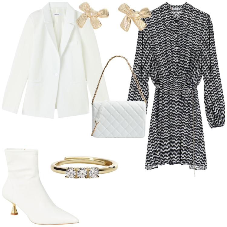 Outfit donna - Cerimonia evento serata. Stile Chic per Serata fuori. Abbinamento con stivaletti, blazer, borse a tracolla, anelli, vestiti chemisier, orecchini.