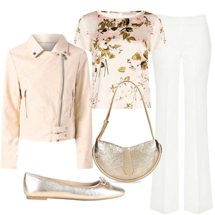 Outfit donna - Luminosa primavera. Stile Casual chic per Tutti i giorni. Abbinamento con ballerine, giacche, bluse, pantaloni a palazzo, borse a spalla.