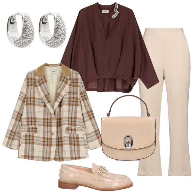 Outfit donna - Casual chic in giacca. Stile Casual chic per Tutti i giorni. Abbinamento con pantaloni, mocassini, blazer, camicie, borse a mano, orecchini.