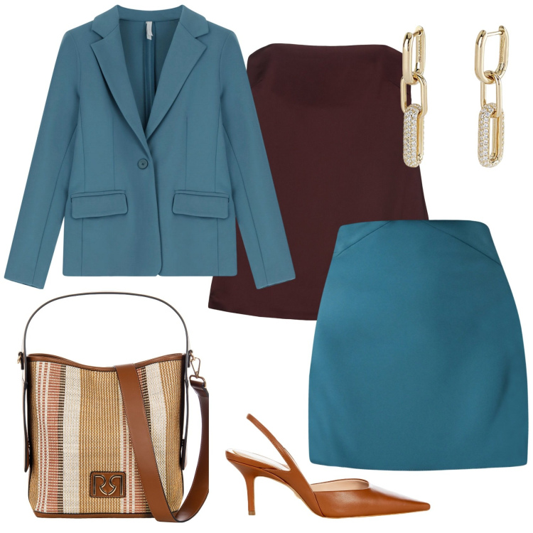 Outfit donna - Total look #2093475. Stile Chic per Ufficio. Abbinamento con orecchini, minigonne, borse a secchiello, décolleté, blazer, top.
