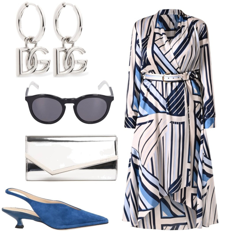 Outfit donna - Cerimonia elegante. Stile Glamour per Cerimonia. Abbinamento con décolleté, vestiti chemisier, occhiali da sole, pochette, orecchini.