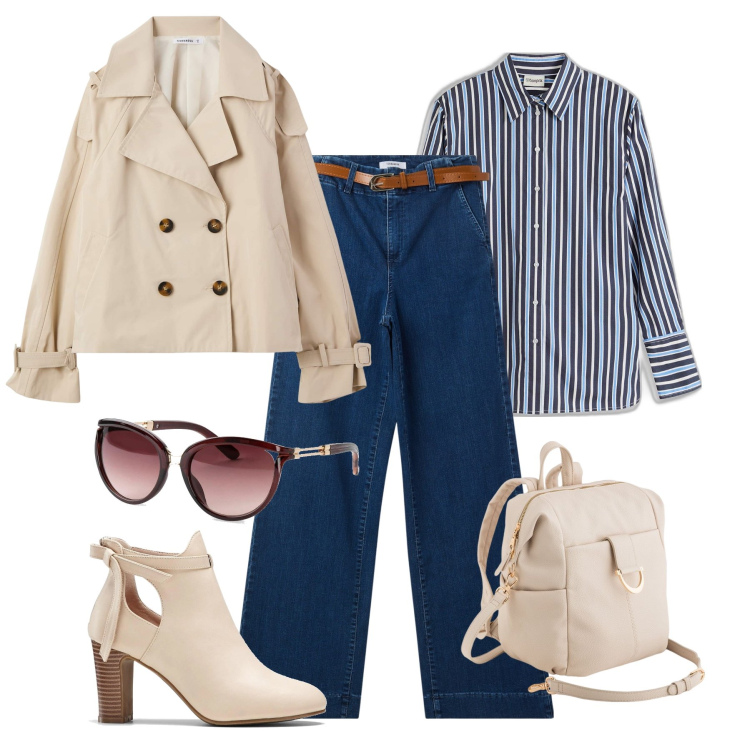 Outfit donna - Basica in ordine H24. Stile Casual per Tutti i giorni. Abbinamento con stivaletti, occhiali da sole, camicie, jeans, trench, zaini.