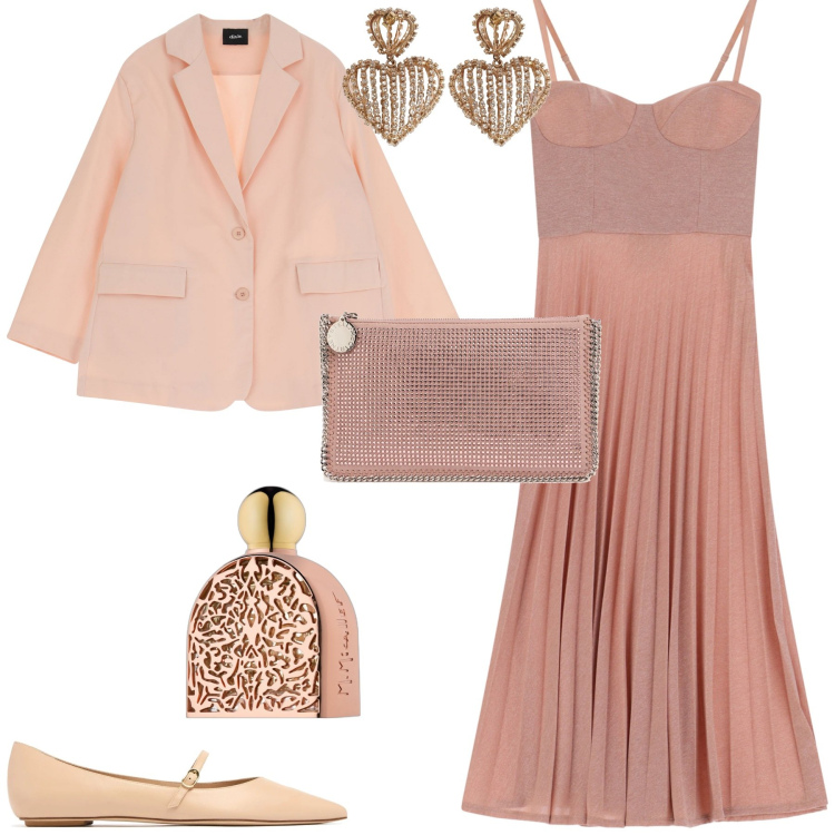Outfit donna - Cerimonia evento serata speciale. Stile Romantica per Cerimonia. Abbinamento con profumi, vestiti midi/longuette, blazer, pochette, orecchini, ballerine.