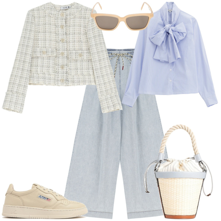 Outfit donna - Cerimonia evento serata speciale. Stile Sporty chic per Tutti i giorni. Abbinamento con borse a secchiello, camicie, blazer, jeans, occhiali da sole, sneakers.