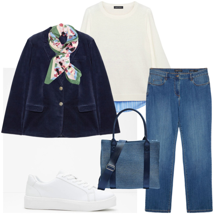 Outfit donna - Casual style. Stile Casual per Tutti i giorni. Abbinamento con sneakers, shopping bag, jeans dritti, blazer, maglieria, foulard.