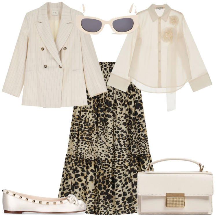Outfit donna - Total look #2093490. Stile Bon Ton per Tutti i giorni. Abbinamento con blazer, gonne lunghe, camicie, occhiali da sole, borse a mano, ballerine.