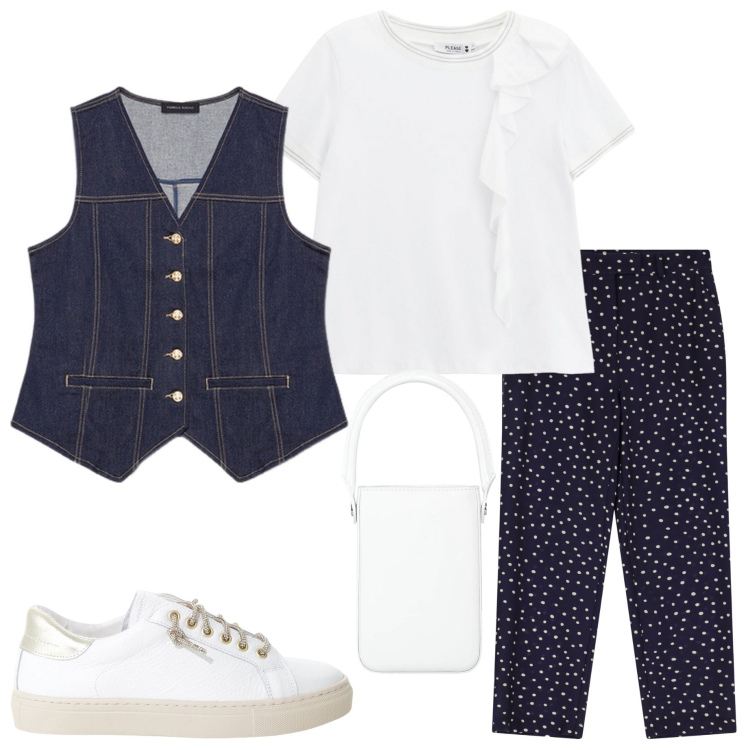 Outfit donna - Bianco e blu. Stile Casual chic per Serata fuori. Abbinamento con borse a mano, pantaloni, t-shirt, sneakers, gilet.