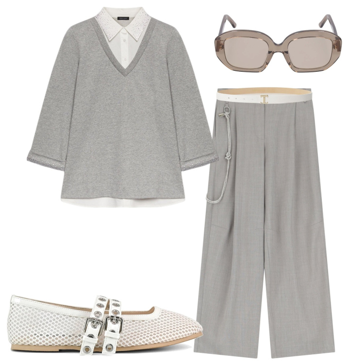Outfit donna - In ufficio. Stile Casual chic per Ufficio. Abbinamento con pantaloni, cinture, felpe, ballerine, occhiali da sole.