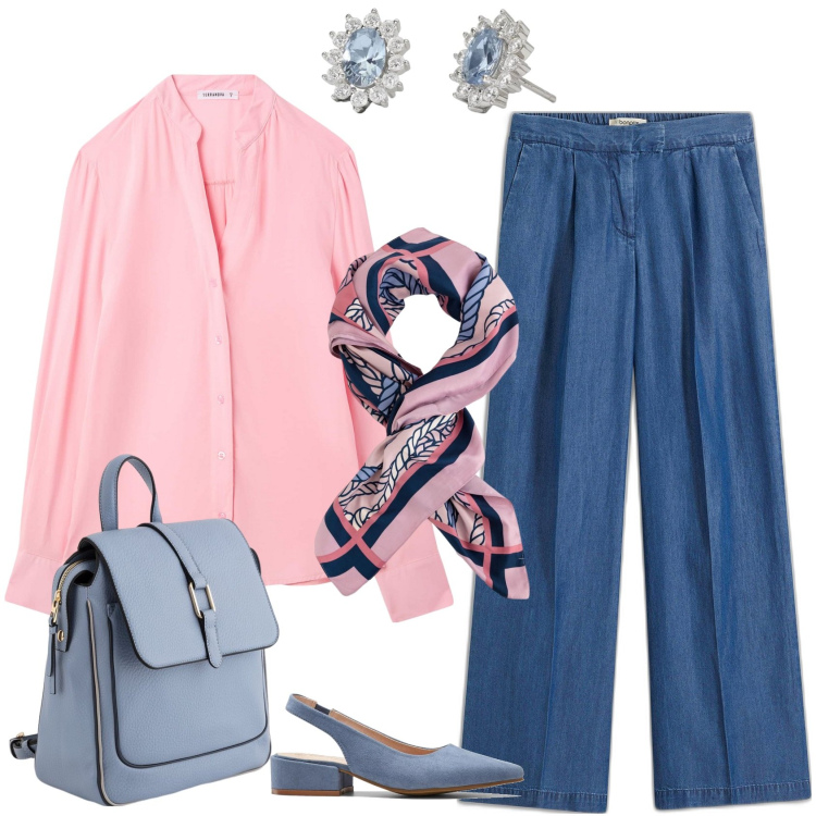 Outfit donna - In ufficio a primavera. Stile Bon Ton per Ufficio. Abbinamento con décolleté, pantaloni, camicie, orecchini, foulard, zaini.