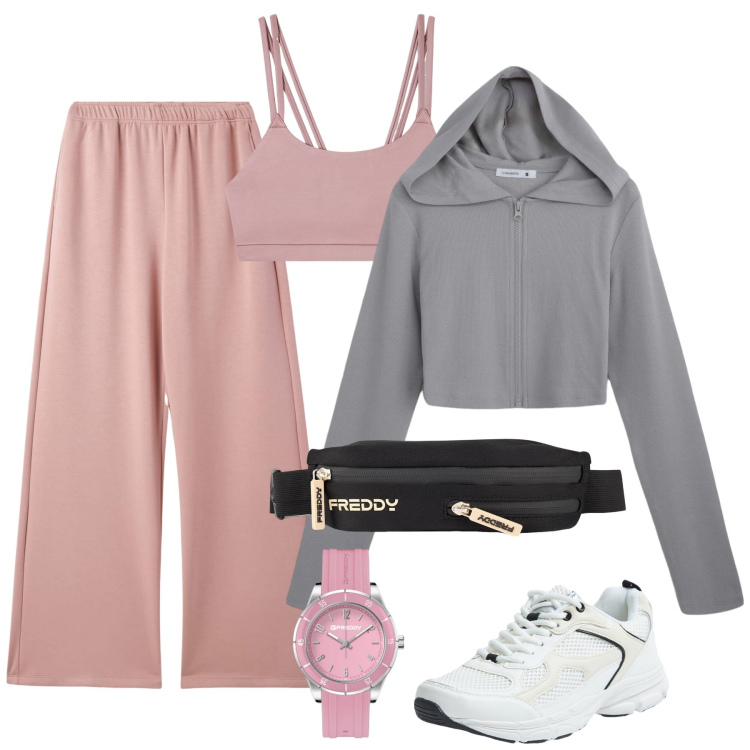 Outfit donna - Sporty chic in Rosa. Stile Sporty chic per Tutti i giorni. Abbinamento con felpe con cappuccio, pantaloni, sneakers, canottiere, orologi, borse sportive.