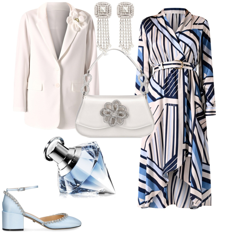 Outfit donna - Cerimonia evento speciale. Stile Vintage retrò per Cerimonia. Abbinamento con profumi, vestiti, blazer, borse a mano, orecchini, décolleté.