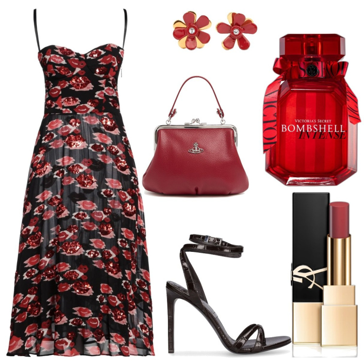 Outfit donna - Sexy in rosso. Stile Chic per Serata fuori. Abbinamento con rossetti, profumi, vestiti midi/longuette, borse a mano, orecchini, sandali in pelle.