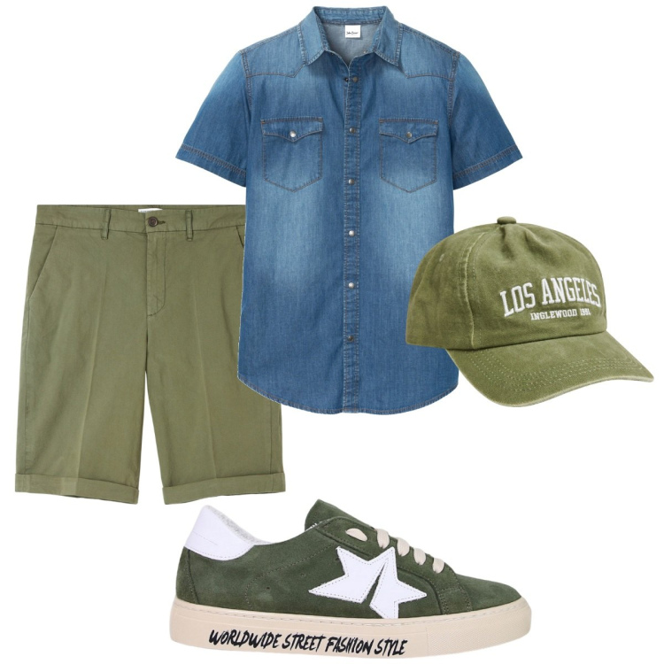 Outfit uomo - Total look #2093512. Stile Casual per Tutti i giorni. Abbinamento con camicie a manica corta, bermuda, cappelli, sneakers.