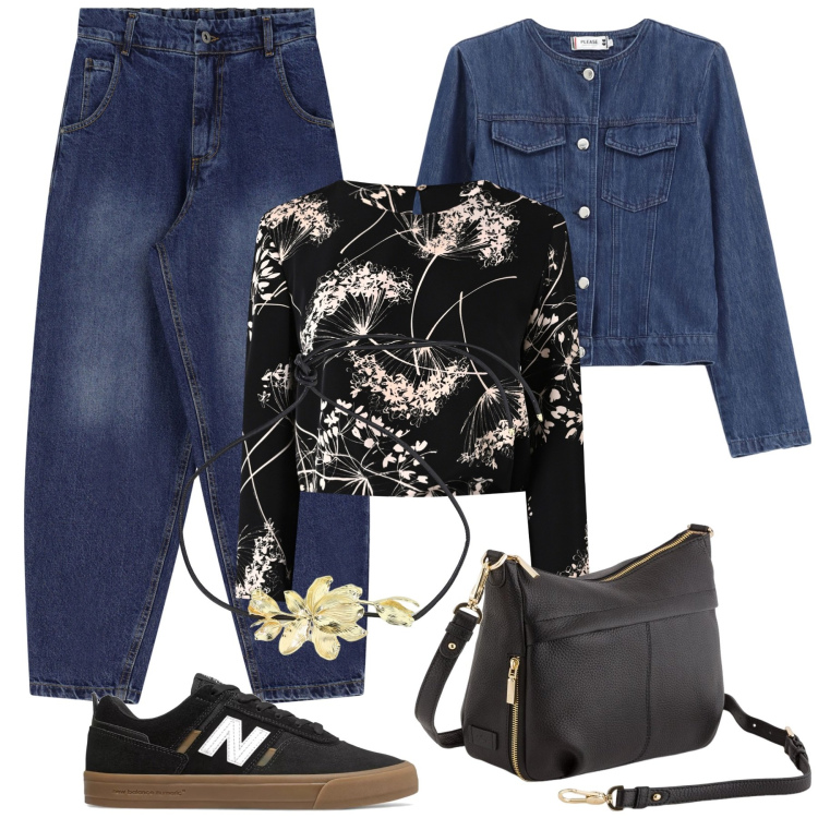 Outfit donna - Serata fuori in jeans. Stile Romantica per Serata fuori. Abbinamento con jeans, collane, sneakers, bluse, blazer, borse a tracolla.