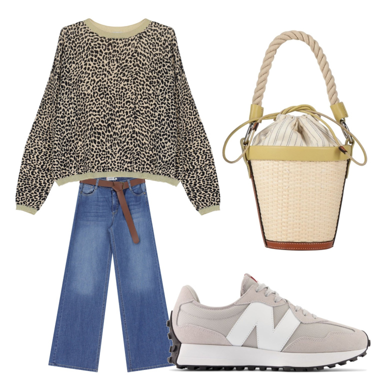Outfit donna - Aperitivo. Stile Trendy per Tutti i giorni. Abbinamento con borse a secchiello, sneakers, jeans, maglieria.