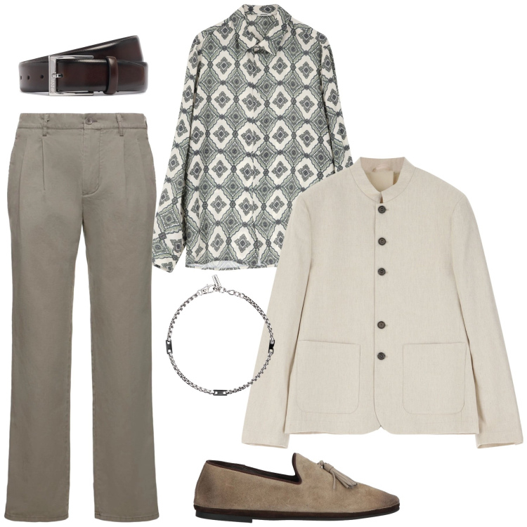 Outfit uomo - Chic in ufficio. Stile Trendy per Ufficio. Abbinamento con scarpe stringate, braccialetti, camicie, giacche, cinture, pantaloni.