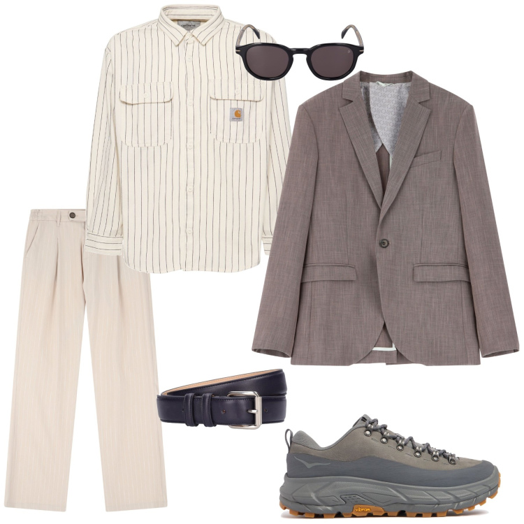 Outfit uomo - Total look in beige. Stile Trendy per Tutti i giorni. Abbinamento con giacche, pantaloni, occhiali da sole, sneakers, cinture, camicie.