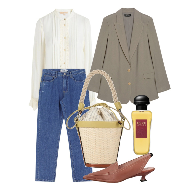 Outfit donna - Lo stile casual chic per la primavera -. Stile Casual chic per Ufficio. Abbinamento con camicie, décolleté, borse a secchiello, profumi, jeans dritti, blazer.