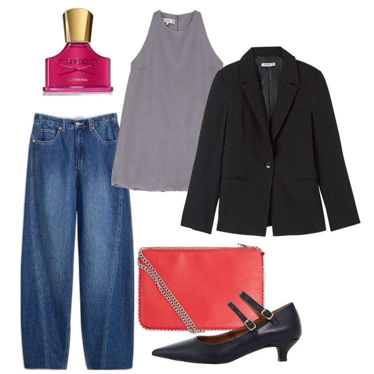 Outfit donna - Serata tranquilla. Stile Casual chic per Serata fuori. Abbinamento con jeans, profumi, borse a tracolla, blazer, vestiti corti, décolleté.