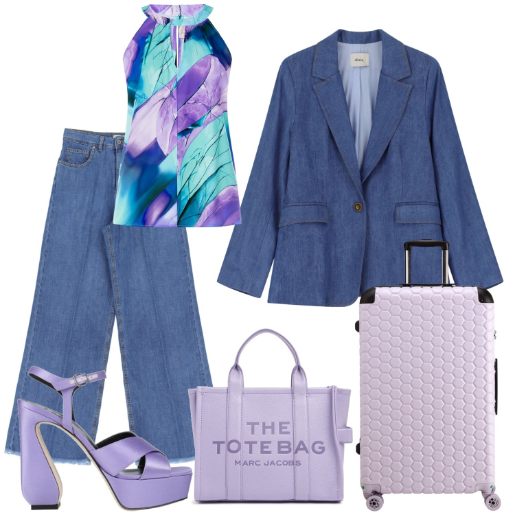 Outfit donna - Eleganza senza confini. Stile Casual chic per Tutti i giorni. Abbinamento con sandali in pelle, blazer, jeans, top, borse tote, valigie.