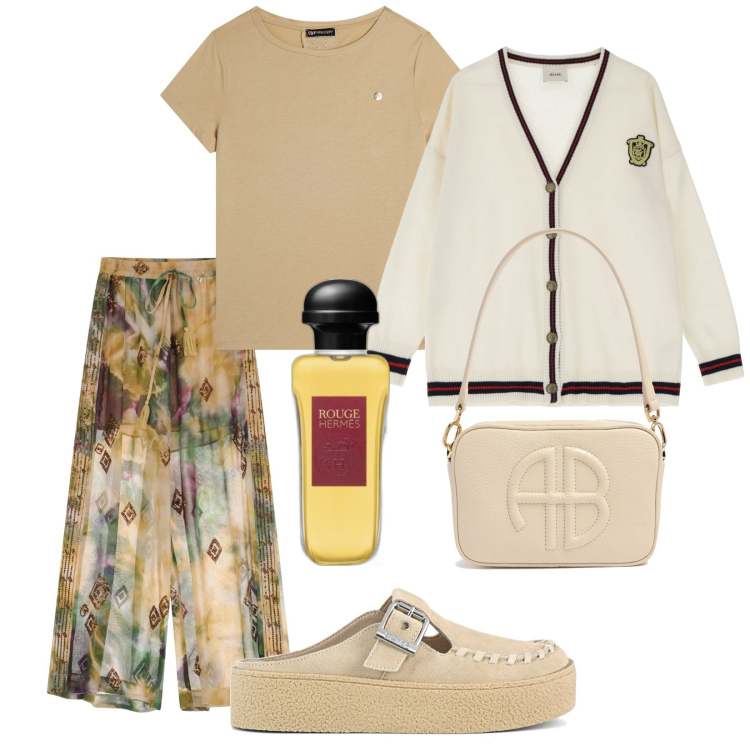 Outfit donna - Total look #2093546. Stile Casual chic per Tutti i giorni. Abbinamento con profumi, t-shirt, pantaloni a palazzo, cardigans, sabot, borse a spalla.