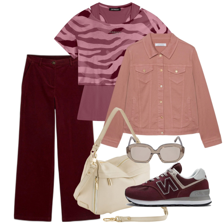 Outfit donna - In città. Stile Basic per Tutti i giorni. Abbinamento con pantaloni, sneakers, t-shirt, blazer, occhiali da sole, borse a tracolla.