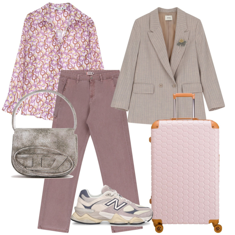 Outfit donna - Coordinato rosa cipria. Stile Casual chic per Tutti i giorni. Abbinamento con jeans dritti, camicie, blazer, sneakers, borse a mano, valigie.