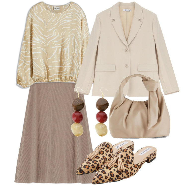 Outfit donna - Elegante dentro. Stile Chic per Tutti i giorni. Abbinamento con borse a mano, bluse, sabot, blazer, gonne lunghe, orecchini.