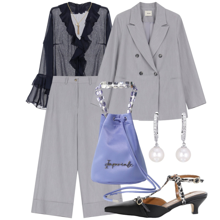 Outfit donna - Cerimonia in pantaloni. Stile Chic per Cerimonia. Abbinamento con décolleté, borse a secchiello, pantaloni a palazzo, blazer, orecchini, bluse.